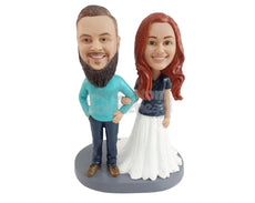 Custom Bobblehead Couple Dressed Casually With The Woman Wearing Gown Under Her Shirt - Wedding & Couples Couple Personalized Bobblehead & Cake Topper