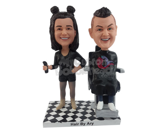 Custom Bobblehead Happy customer having a neat haircut by a gorgeous hairstylist - Wedding & Couples Couple Personalized Bobblehead & Action Figure