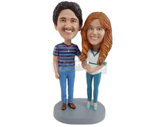 Custom Bobblehead Content couple giving the marriage news wearing nice clothing - Wedding & Couples Couple Personalized Bobblehead & Action Figure