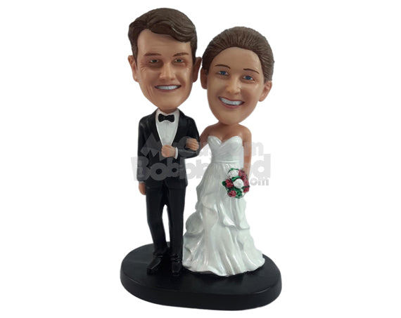 Custom Bobblehead Joyous couple ready to throw the bouquet wearing nicse dress and nice suit - Wedding & Couples Bride & Groom Personalized Bobblehead & Action Figure