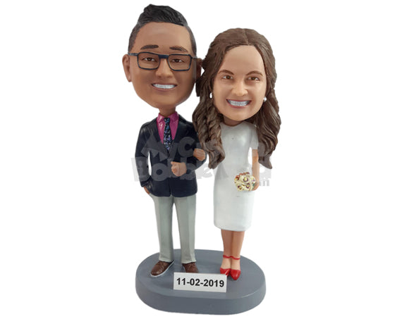 Custom Bobblehead Refined young couple weating nice suit and dress with a bouquet in hand - Wedding & Couples Bride & Groom Personalized Bobblehead & Action Figure