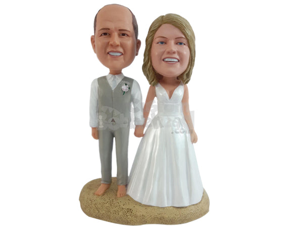 Custom Bobblehead Relaxed couple spending time on the beach sand wearing a nice dress and suit with barefeet - Wedding & Couples Bride & Groom Personalized Bobblehead & Action Figure