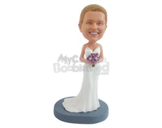 Custom Bobblehead Beautiful Bride posing with her bouquet in hand with a nice strap dress - Wedding & Couples Brides Personalized Bobblehead & Action Figure