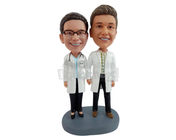 Custom Bobblehead Medical Doctor Couple holding hands wearing lab coats - Wedding & Couples Couple Personalized Bobblehead & Action Figure