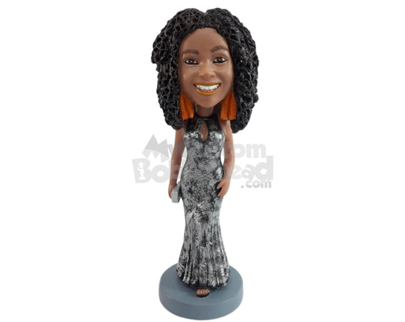 Custom Bobblehead Striking female on a long beautiful dress holding a hand purse - Wedding & Couples Bridesmaids Personalized Bobblehead & Action Figure