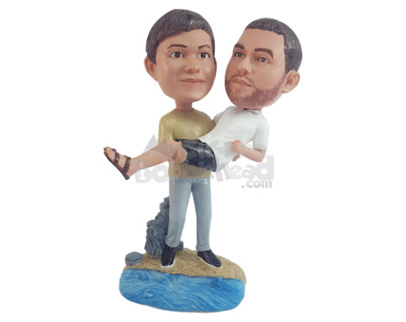 Custom Bobblehead Happy male couple having a fun time at the beaching one carrying the other - Wedding & Couples Same Sex Personalized Bobblehead & Action Figure