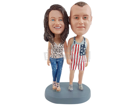 Custom Bobblehead Funny looking couple wearing overalls and nice shoes - Wedding & Couples Couple Personalized Bobblehead & Action Figure