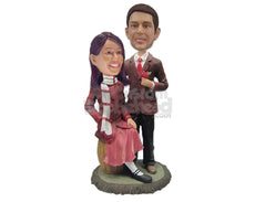 Custom Bobblehead Couple In Classy Formal Attire With The Groom Holding A Rose In Hand - Wedding & Couples Couple Personalized Bobblehead & Cake Topper