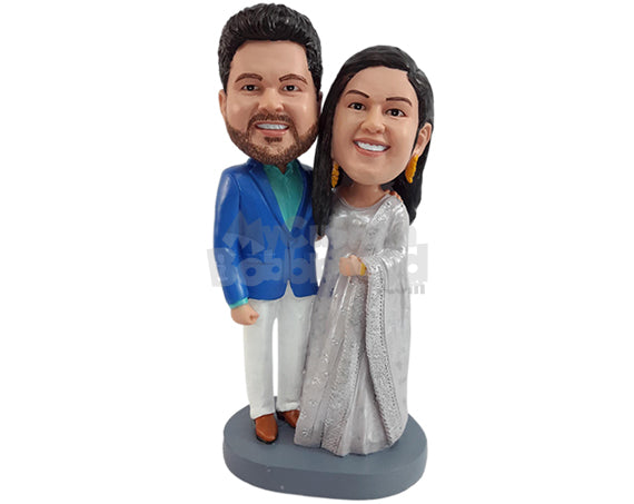 Custom Bobblehead Good looking tradictonal wedding couple waring an elegant sari and nice colorful suit - Wedding & Couples Couple Personalized Bobblehead & Action Figure