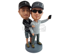Custom Bobblehead Cool male friends posing for a Selfie picture wearing cool hoodies - Wedding & Couples Same Sex Personalized Bobblehead & Action Figure