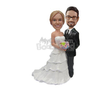 Custom Bobblehead Lovely Wedding Couple In Wedding Attire Standing Together With A Bouquet - Wedding & Couples Bride & Groom Personalized Bobblehead & Cake Topper