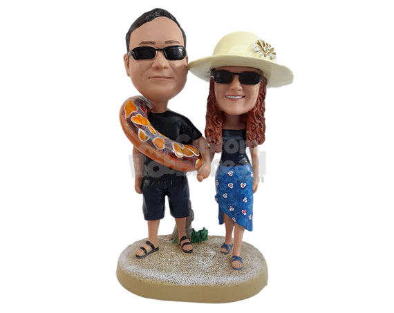 Custom Bobblehead Vacational happy couple spending a great time on the beach with his pool lifesaver - Wedding & Couples Couple Personalized Bobblehead & Action Figure
