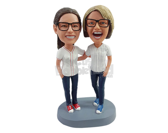 Custom Bobblehead Football female fans couple each wearing their favourit teams jerseys with cool shoes - Wedding & Couples Same Sex Personalized Bobblehead & Action Figure