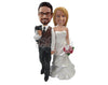 Custom Bobblehead Bride & Groom In Trendy Wedding Attire With The Groom Hanging His Jacket Over His Shoulder - Wedding & Couples Bride & Groom Personalized Bobblehead & Cake Topper