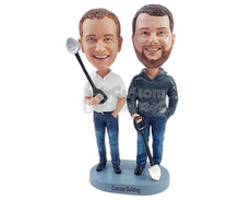 Custom Bobblehead Construction Company owners holding shovels wearing nice shirt and hoodie - Wedding & Couples Couple Personalized Bobblehead & Action Figure