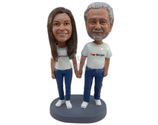Custom Bobblehead Loving Grandpa and Granddaughter holding hands together wearing t-shirt and jeans - Wedding & Couples Couple Personalized Bobblehead & Action Figure
