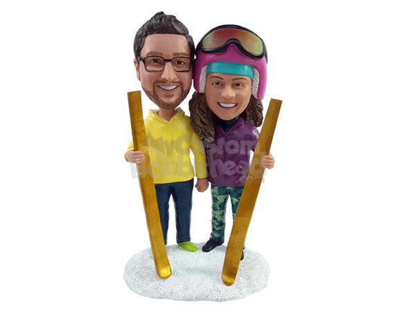 Custom Bobblehead Ski couple on the snow all geared up with ski pads in hand - Wedding & Couples Couple Personalized Bobblehead & Action Figure