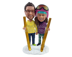Custom Bobblehead Ski couple on the snow all geared up with ski pads in hand - Wedding & Couples Couple Personalized Bobblehead & Action Figure