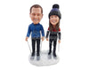 Custom Bobblehead Couple on skis ready to go down the mountain wearing warm jackets - Wedding & Couples Couple Personalized Bobblehead & Action Figure