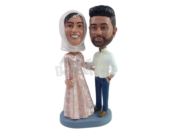Custom Bobblehead Traditional jovious couple wearing long dress and nice highneck shirt - Wedding & Couples Bride & Groom Personalized Bobblehead & Action Figure