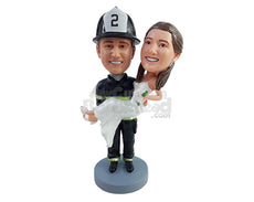 Custom Bobblehead Super Firefghter rescuing the Bride from the flames of love, wearing fire suite and wedding dress - Wedding & Couples Bride & Groom Personalized Bobblehead & Action Figure