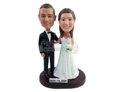Custom Bobblehead Elegant posing couple holding each other with Bride holding a bouquett - Wedding & Couples Bride & Groom Personalized Bobblehead & Action Figure