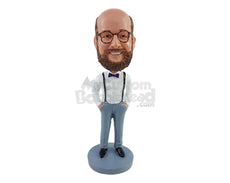 Custom Bobblehead Cool looking Groomsman wearing suspenders and bow tie with both hands inside pockets - Wedding & Couples Groomsman & Best Men Personalized Bobblehead & Action Figure