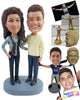 Custom Bobblehead Happy couple wearing fashionable overalls and long sleeve round neck shirt - Wedding & Couples Couple Personalized Bobblehead & Action Figure