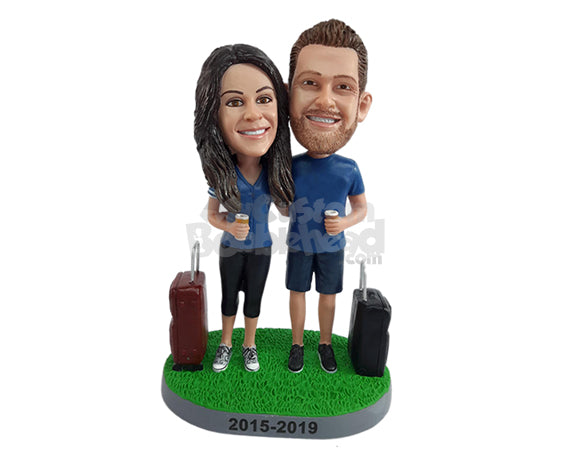 Custom Bobblehead Sporty Couple travaler holding coffee cups wearing shorts - Wedding & Couples Couple Personalized Bobblehead & Action Figure