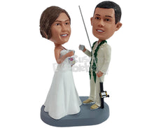 Custom Bobblehead Happy fishing couple toating on their big day with a fishng rod - Wedding & Couples Bride & Groom Personalized Bobblehead & Action Figure