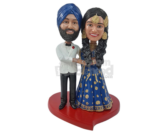 Custom Bobblehead Traditional Couple in suit and tie with gorgeous sari dress on the bride holding hands - Wedding & Couples Bride & Groom Personalized Bobblehead & Action Figure