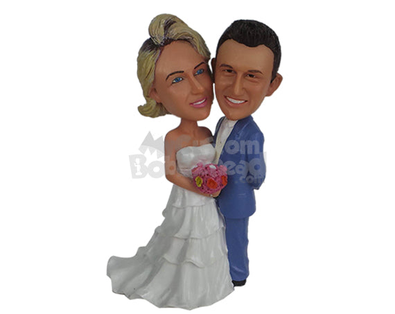 Custom Bobblehead Nice wedding couple hugging wearing nice dress and holding a bouquet - Wedding & Couples Bride & Groom Personalized Bobblehead & Action Figure