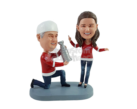 Custom Bobblehead Funny trophy presentation for his wife wearing same jerseys and pants and female showing middle finger - Wedding & Couples Couple Personalized Bobblehead & Action Figure