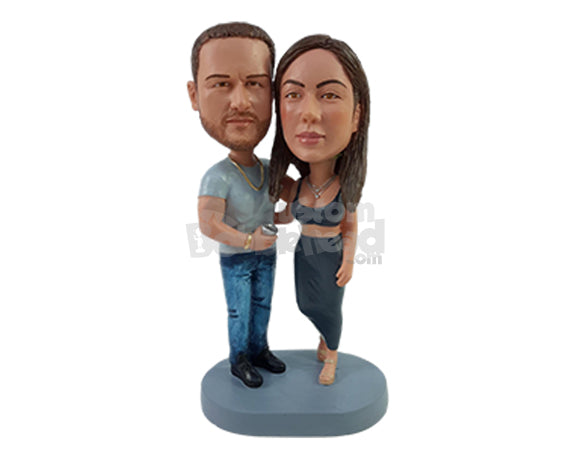 Custom Bobblehead Seriously fit looking couple wearing stylish outfit with a beed in hand - Wedding & Couples Couple Personalized Bobblehead & Action Figure