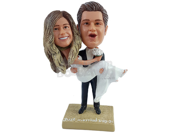 Custom Bobblehead Happy couple with the grrom carrying the bride havng a great moment - Wedding & Couples Couple Personalized Bobblehead & Action Figure