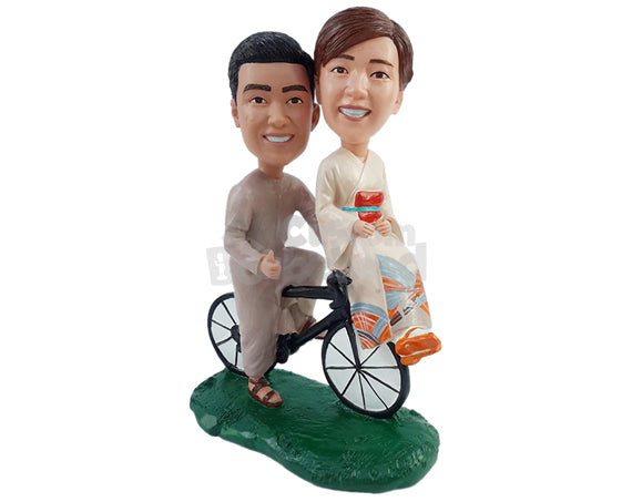 Custom Bobblehead Traditional couple wearing nice robes and riding a bicycle - Wedding & Couples Couple Personalized Bobblehead & Action Figure