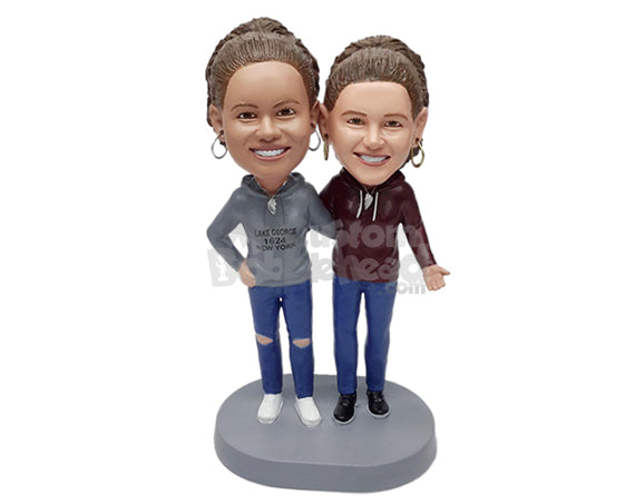 Custom Bobblehead Sisters having a good time together wearing hoodies and nice pants  - Wedding & Couples Couple Personalized Bobblehead & Action Figure