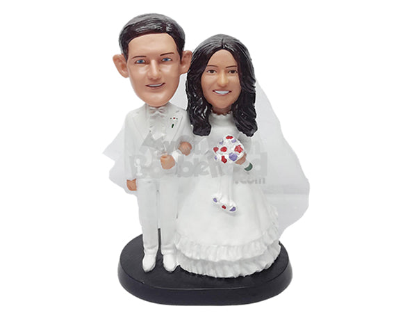 Custom Bobblehead Wedding Couple wearing great gorgeous suit and dress with nice flowers - Wedding & Couples Couple Personalized Bobblehead & Action Figure