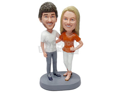 Custom Bobblehead Young love couple wearing v-neck shirts and capri pants and sandals - Wedding & Couples Couple Personalized Bobblehead & Action Figure