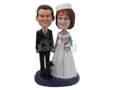 Custom Bobblehead Wedding Couple In Their Wedding Attire With Their Beloved Pet Dog - Wedding & Couples Bride & Groom Personalized Bobblehead & Cake Topper