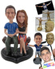 Custom Bobblehead Couple Sitting On Bench Wearing Casual Outfit Ready For A Picture - Wedding & Couples Bride & Groom Personalized Bobblehead & Cake Topper