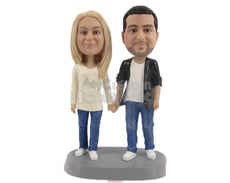 Custom Bobblehead Stylish Modern Couple In Fashionable Casual Outfit - Wedding & Couples Couple Personalized Bobblehead & Cake Topper