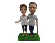 Custom Bobblehead Baseball Loving Couple In Baseball Outfits With Bat And Ball In Hand - Wedding & Couples Couple Personalized Bobblehead & Cake Topper