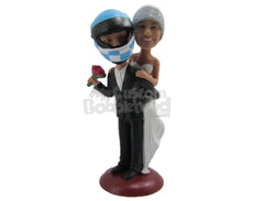 Custom Bobblehead Groom Caring Bride On The Back Ready To Tie The Knot - Wedding & Couples Bride & Groom Personalized Bobblehead & Cake Topper