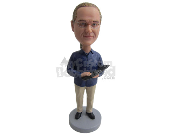 Custom Bobblehead Computer Nerd Holding A Keyboard - Careers & Professionals Casual Males Personalized Bobblehead & Cake Topper