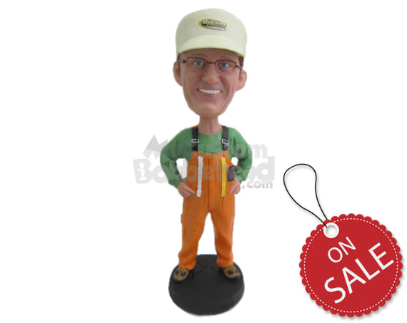 Custom Bobblehead Engineer Wearing A Suspender Has Some Equipment In His Pocket - Careers & Professionals Architects & Engineers Personalized Bobblehead & Cake Topper