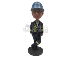 Custom Bobblehead Firefighter In His Attire Giving A Pose With Leg Crossed - Careers & Professionals Firefighters Personalized Bobblehead & Cake Topper
