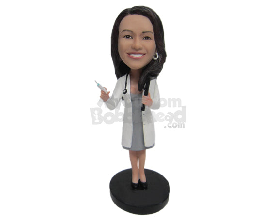 Custom Bobblehead Female Doctor Holding A Syringe In Her Hand - Careers & Professionals Medical Doctors Personalized Bobblehead & Cake Topper