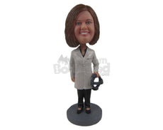 Custom Bobblehead Female Optometrist In Her Medical Attire With A Prop In Her Hand - Careers & Professionals Optometrists Personalized Bobblehead & Cake Topper