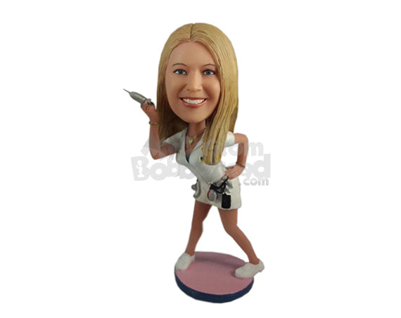 Custom Bobblehead Female Nurse In Her Medical Outfit Showing The Way - Careers & Professionals Nurses Personalized Bobblehead & Cake Topper